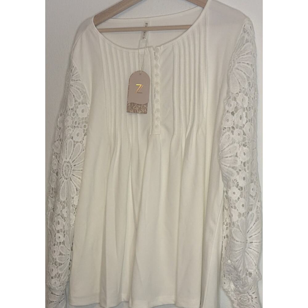 Zolucky White Solid Lace Long Sleeve Button Round Neck Blouse Plus 2X